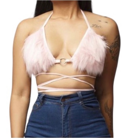 C.BRIDGETT Pink Faux Fur Triangle Criss Cross Festival Halter Crop Bikini Top, M - Picture 3 of 9